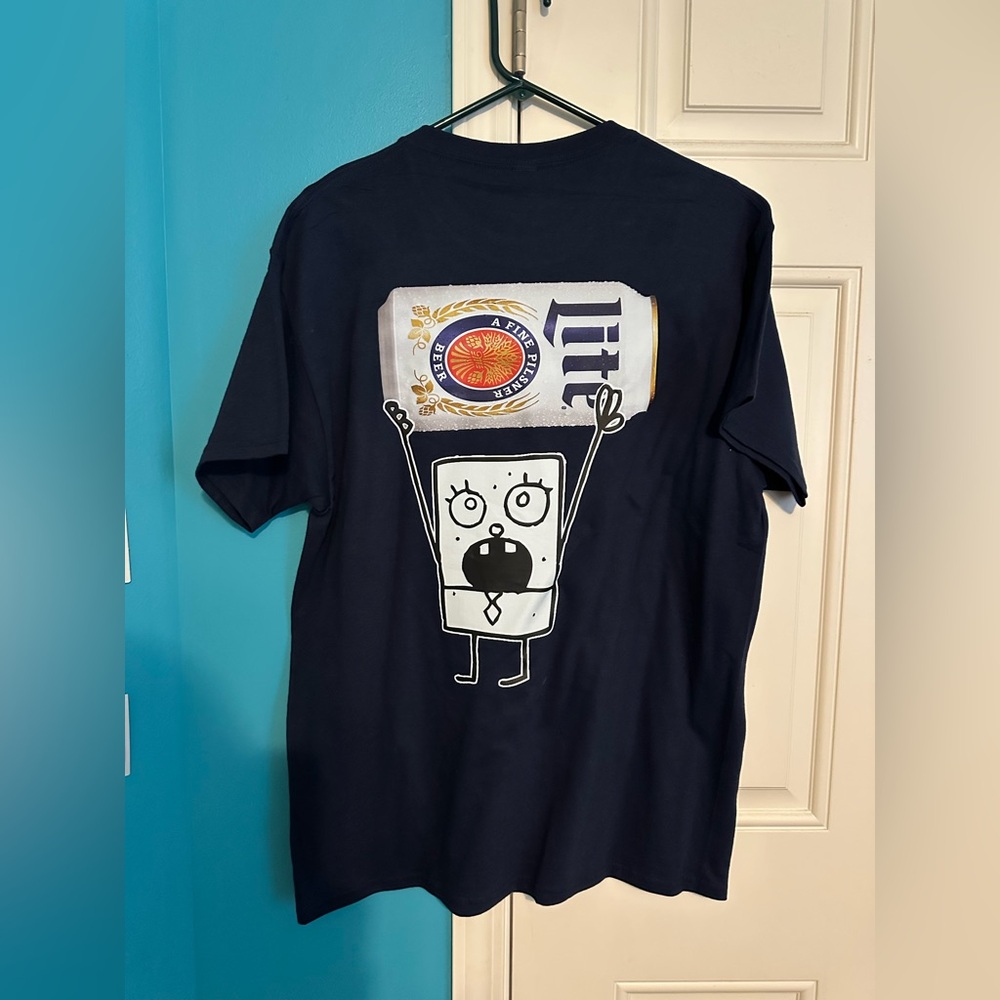 Graphic Tee with Cartoon and Miller Lite Can Design
